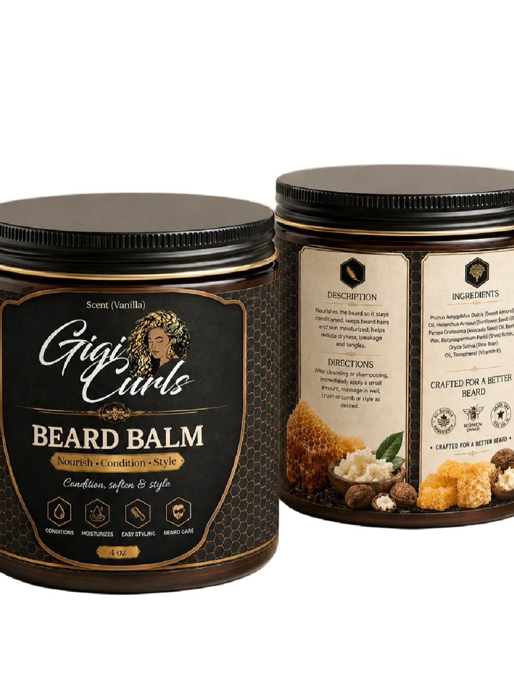 GIGI C Beard Balm in Black & Gold Jar - Vanilla Scent